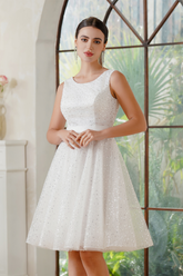 A-Line Crew Tulle Sleeveless Short Sequined Prom Dresses-27dress